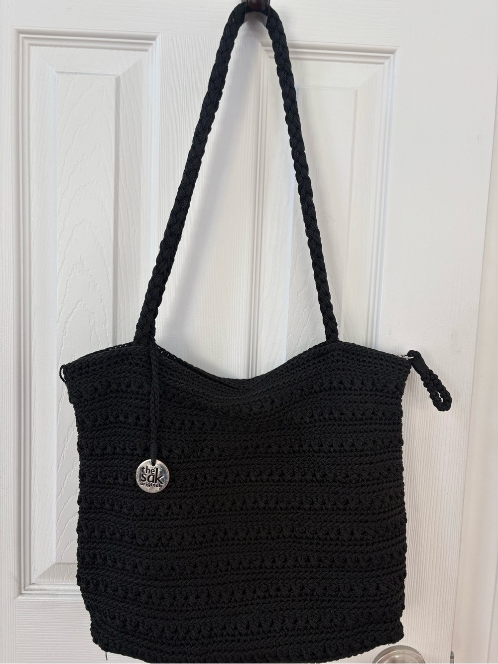 The Sak Black Crochet Tote with Braided Straps